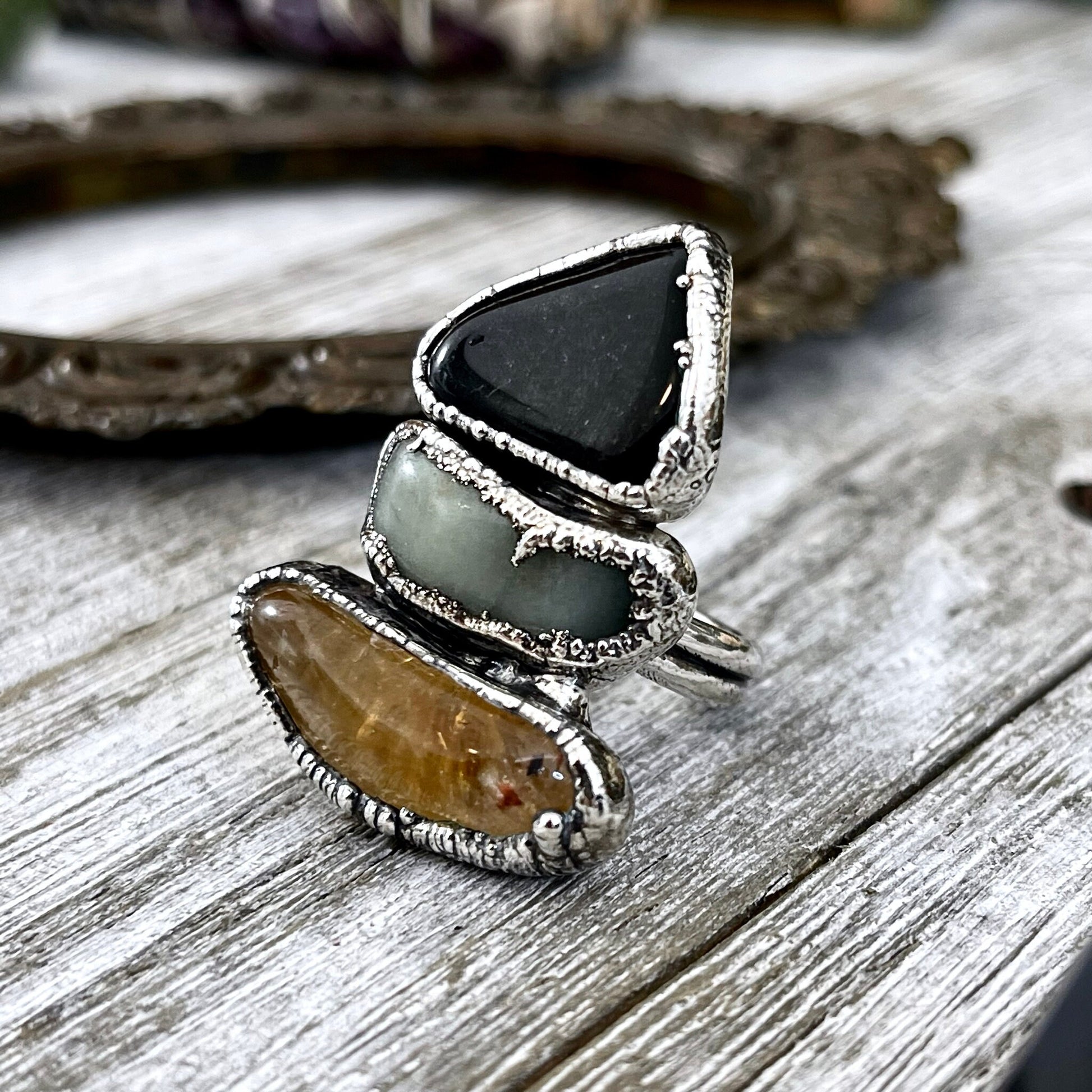 Size 6.5 Crystal Ring - Three Stone Black Onyx Aventurine Citrine Ring in Sliver / Foxlark Collection - One of a Kind / Big Crystal Jewelry