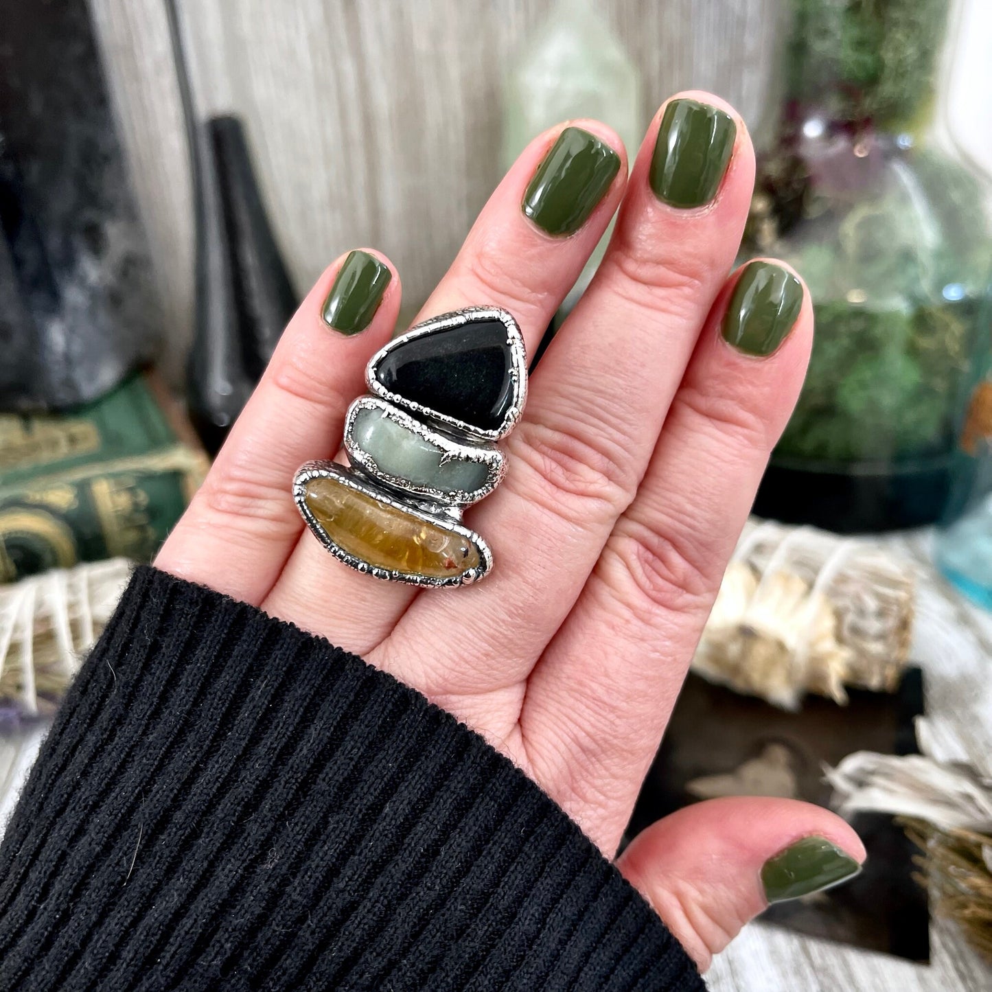 Size 6.5 Crystal Ring - Three Stone Black Onyx Aventurine Citrine Ring in Sliver / Foxlark Collection - One of a Kind / Big Crystal Jewelry