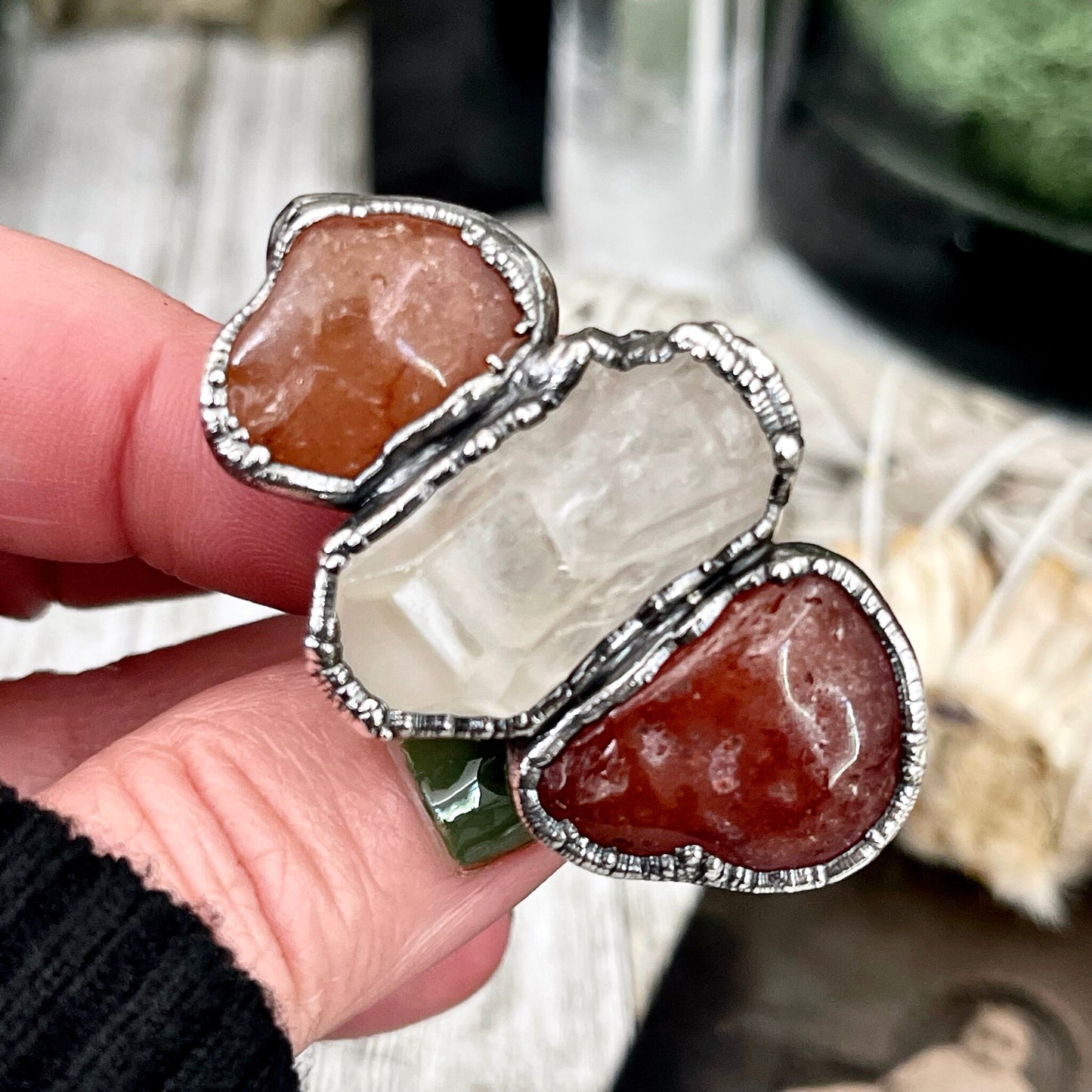 Size 8.5 Crystal Ring - Three Stone Ring Red Carnelian Clear Quartz Silver Ring / Foxlark Collection - One of a Kind / Big Crystal Jewelry