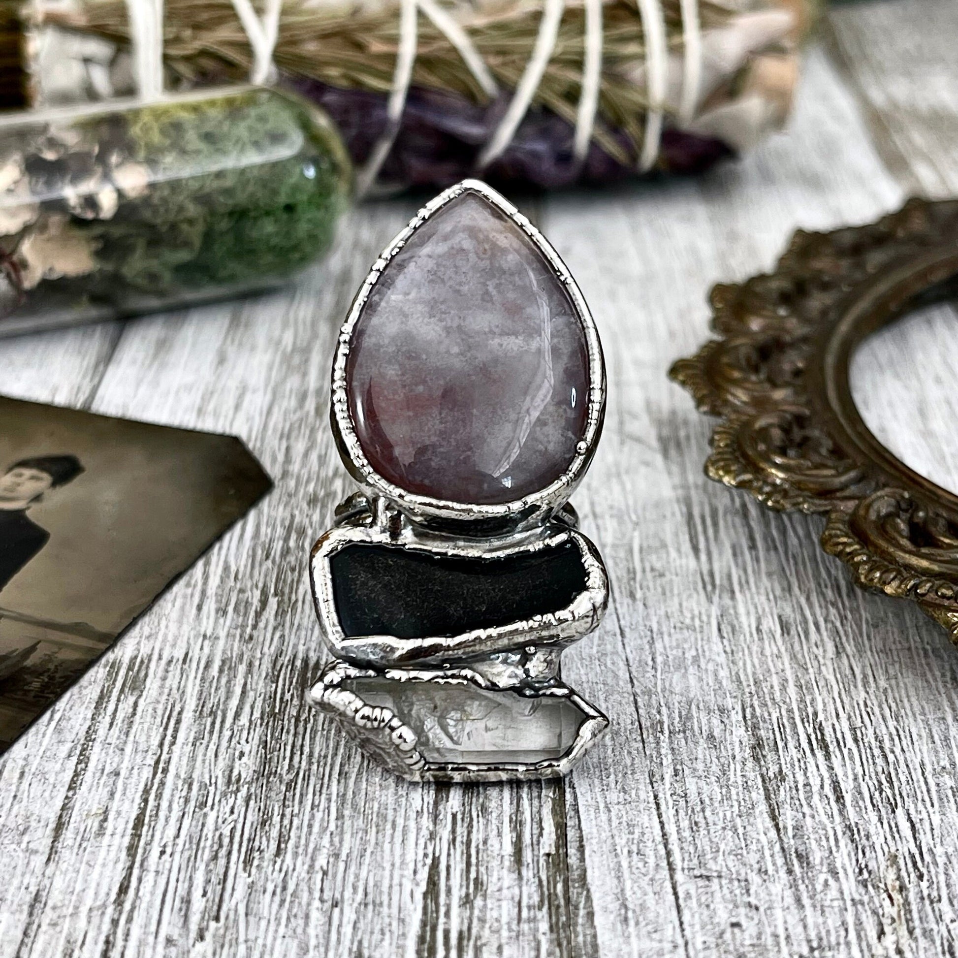 Size 8.5 Crystal Ring - Three Stone Ring Fancy Moss Agate Black Onyx & Raw Quartz Silver Ring / Foxlark Collection - One of a Kind Jewelry