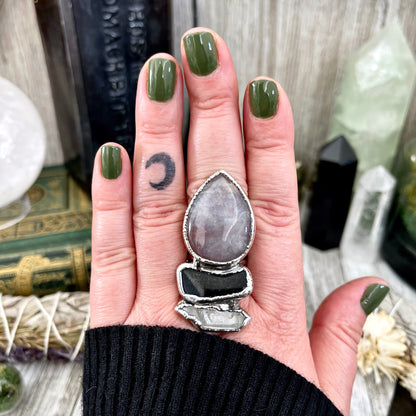 Size 8.5 Crystal Ring - Three Stone Ring Fancy Moss Agate Black Onyx & Raw Quartz Silver Ring / Foxlark Collection - One of a Kind Jewelry