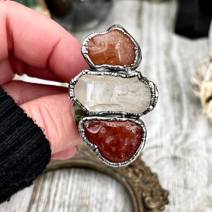 Size 8.5 Crystal Ring - Three Stone Ring Red Carnelian Clear Quartz Silver Ring / Foxlark Collection - One of a Kind / Big Crystal Jewelry